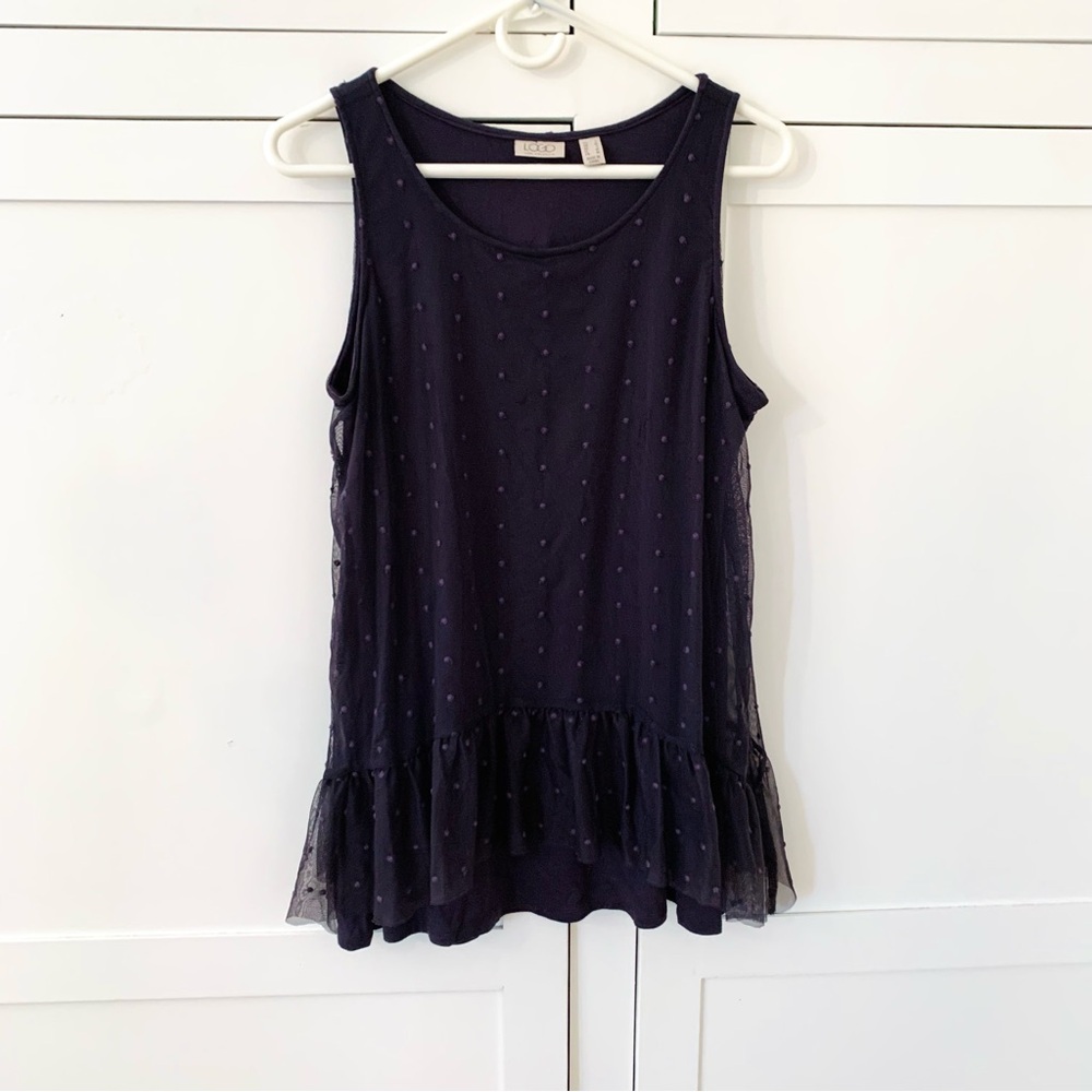 LOGO Lori Goldstein Purple Sheer Dot Peplum Sleeveless Layered Tank Top Size S